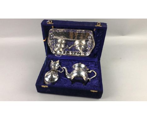 SILVER PLATED FOUR PIECE TEA SERVICE, comprising a tea pot, sugar, cream and tray, in fitted box