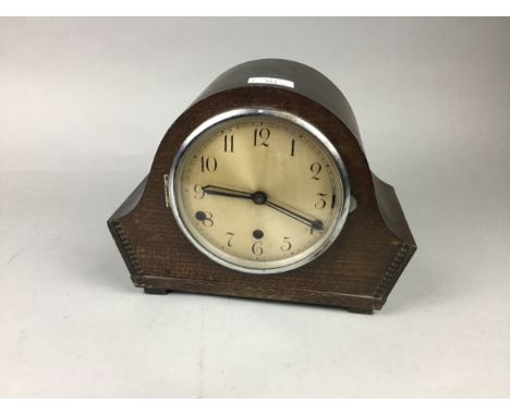 OAK CASED MANTEL CLOCK, 22cm high, along with a stoneware hot water bottle, an Ilford camera, in fitted case and a washboard 