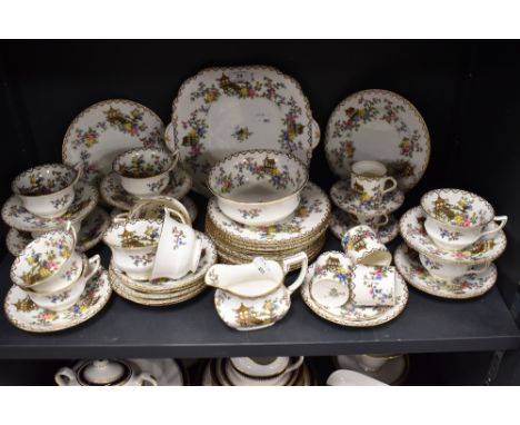 A part Aynsley tea service comprising cups and coffee cans and saucers, plates, jug and bowl, made for Tawleys Norfolk potter
