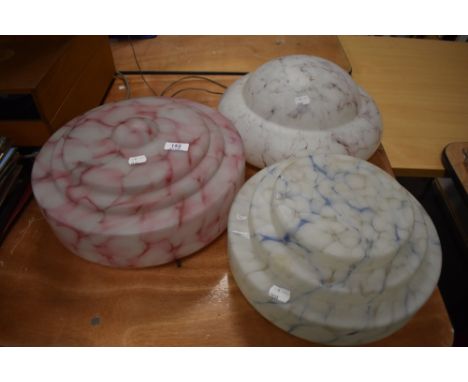 Three art deco era fly catcher design ceiling light shades having marbled glass