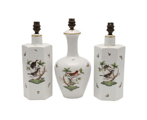 PAIR OF HEREND TABLE LAMPS & ANOTHER LAMP. Including a pair of Herend hexagonal table lamps, painted with birds and insects a