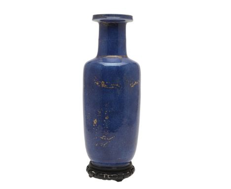 CHINESE ROULEAU POWDER BLUE PORCELAIN VASE - KANGXI. Kangxi period (1661-1722), a powder blue and gilded rouleau shaped vase,