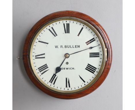 A 19TH CENTURY MAHOGANY SCHOOL CLOCK. the dial signed W.R. Bullen, Norwich, four pillar brass movement with wire driven singl