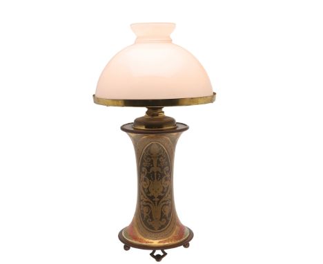 LARGE ART NOUVEAU OIL LAMP. A large and unusual pottery oil lamp, of waisted form with an Art Nouveau design and with metal m