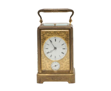 A 19TH CENTURY FRENCH BRASS REPEATER CARRIAGE CLOCK. the white enamel dial with Roman numerals and alarm dial below, within a