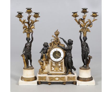 A LOUIS XVI STYLE MARBLE AND BRONZE MANTEL CLOCK GARNITURE. the clock with 4.5" enamel dial and visible movement to an eight 