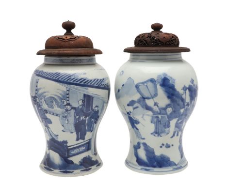 MATCHED PAIR OF CHINESE BLUE & WHITE JARS - KANGXI. Kangxi period (1661-1722) and probably originally yenyen vases that have 
