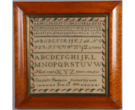 A 19TH CENTURY EMBROIDERED ALPHABET SAMPLER. with Latin proverb 'Nocet empta dolore voluptas', by Elizabeth Thompson, June 22