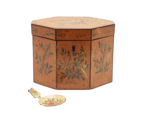 A GEORGE III SATINWOOD TEA CADDY. of octagonal form, the hinged lid and panels painted with flowers and a parrot, the interio
