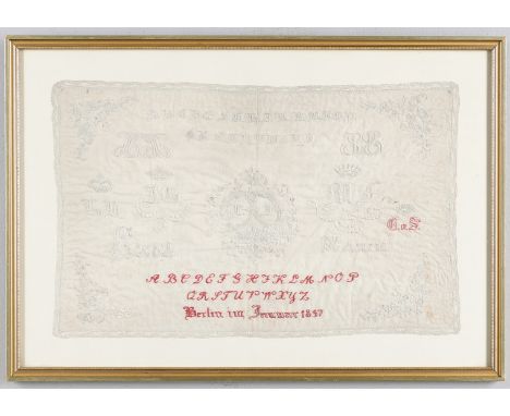 A MID-19TH CENTURY GERMAN LACE AND NEEDLEWORK SAMPLER. finely worked, partially in red thread, illustrating the alphabet, sev