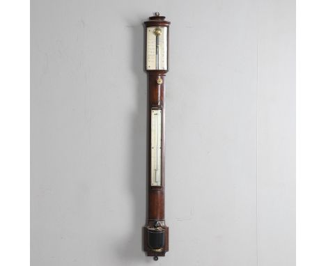 A GEORGE III MAHOGANY BOW FRONTED STICK BAROMETER. the silvered dial inscribed Thomas Jones, Charing Cross, with ebony urn sh