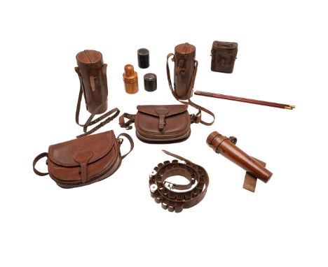 SHOOTING &amp; HUNTING RELATED LEATHER FLASKS &amp; ACCESSORIES. Including two large leather cases containing thermos flasks 
