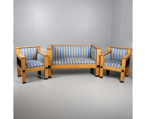 A BEIDERMEIER SATIN BIRCH THREE PIECE SUITE. a three seater sofa and matching pair of chairs with ebonised slatted sides, gol