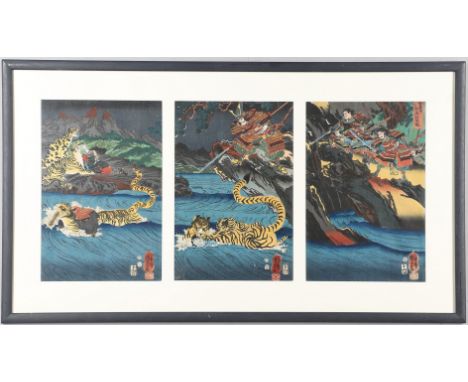 AFTER UTAGAWA KUNIYOSHI (1797-1861) TRIPTYCH OF JAPANESE WOODBLOCK PRINTS. A triptych of Japanese woodblock prints, including