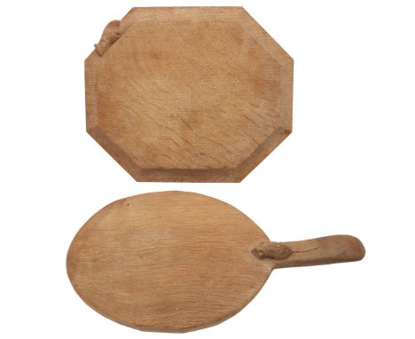 ROBERT THOMPSON OF KILBURN - MOUSEMAN BREAD BOARD & CHEESE BOARD. Including an octagonal shaped oak bread board, with a carve