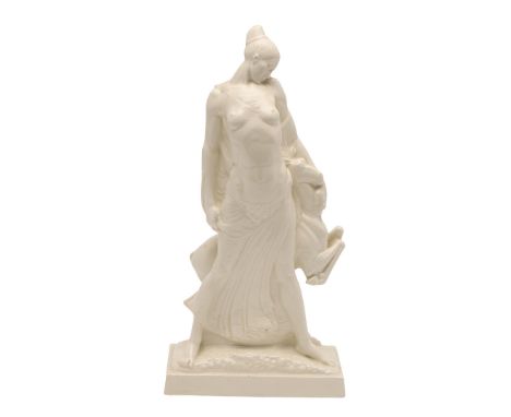 DAVID EVANS - ART DECO POTTERY FIGURE. A signed and dated pottery figure of a lady cradling a horse, with a rectangular shape
