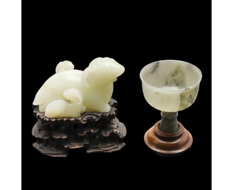 CHINESE JADE RAM &amp; WOODEN STAND, &amp; JADE STEM CUP. Probably 20thc, a carved celadon jade recumbent Ram with two young,