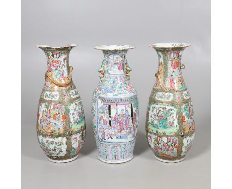 LARGE PAIR OF 19THC CHINESE CANTONESE VASES & ANOTHER VASE. A large pair of 19thc Cantonese vases, painted with various panel