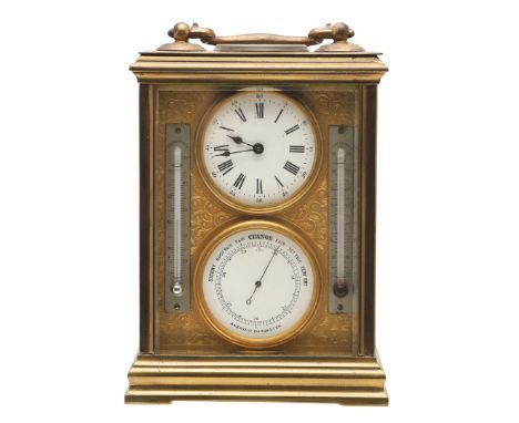 A LATE 19TH CENTURY BRASS CARRIAGE COMBINATION TIMEPIECE. comprising of compass, clock and aneroid barometer, flanked by two 