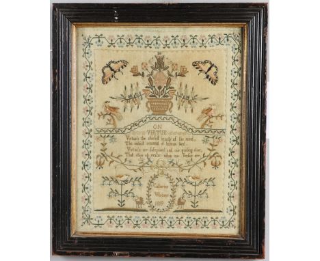 A GEORGE III NEEDLEWORK SAMPLER. embroidered with butterflies, birds, an urn of flowers and the prose titled 'On Virtue', by 