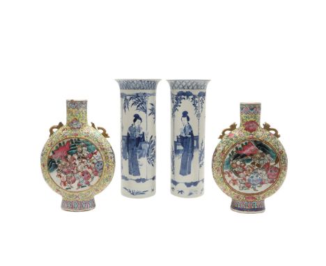 PAIR OF CHINESE BLUE & WHITE SLEEVE VASES & PAIR OF MOON FLASK VASES. Late 19thc, the slender vases painted with a lady readi