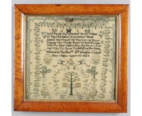 A GEORGE IV NEEDLEWORK SAMPLER. with religious verse above a panel of flowers, a tree, acorns, and birds to borders of traili