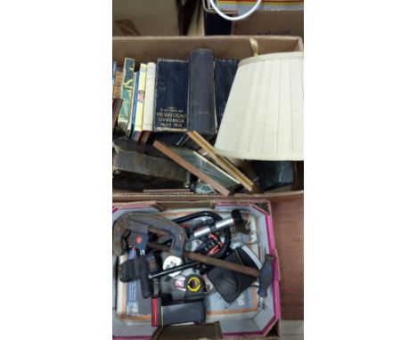 BOX CONTAINING BOOKS , LAMP & BOX OF BIKE LIGHTS & OTHERS