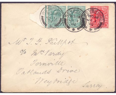 GREAT BRITAIN FIRST DAY COVERS : 1902 1/2d and 1d Edward VII on same hand addressed cover neatly cancelled by Jan 1st 1902 FI