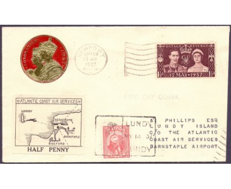 GREAT BRITAIN FIRST DAY COVERS : 1937 Coronation cover with Lundy stamp and Atlantic Coast Air Service label, cancelled by Ne