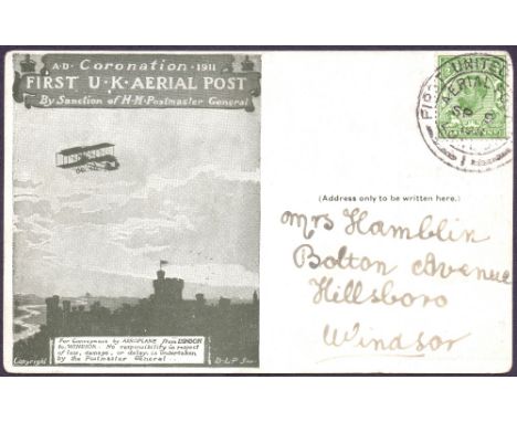 POSTAL HISTORY AIRMAIL : 1911 Aerial Post First Flight card in green London to Windsor 9th Sept 1911 die 1 