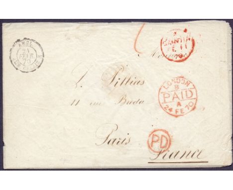 POSTAL HISTORY : GAMBIA, 1870 envelope sent from Gambia to Paris via London. Has a fine red "GAMBIA / FE 11 / 70" datestamp, 