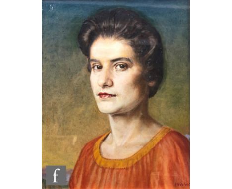 ENGLISH SCHOOL (MID 20TH CENTURY) - Portrait of a lady wearing a coral coloured dress, bust length, oil on board, signed with