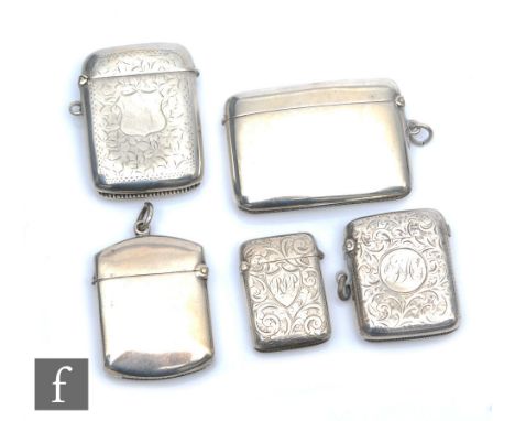 Five assorted hallmarked silver rectangular vesta cases to include plain and engine turned examples, various dates and styles