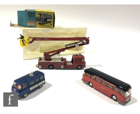 Three Corgi Toys diecast models, 1127 Simon Snorkel Fire Engine, 464 Commer Police Van, and 1120 Midland Red Motorway Express