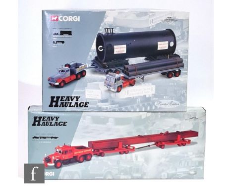 Two Corgi Heavy Haulage 1:50 scale diecast models, 31014 Sunter Brothers Guy Invincible Long Platform Trailer, Pipe Load &amp