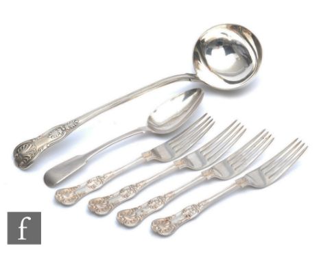 Six items of hallmarked silver flatware to include a soup ladle, a table spoon and four dinner forks, total weight 23oz, vari