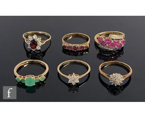 Six 9ct hallmarked stone set rings to include ruby and diamond, paste and garnet set examples, total weight 11.5g, various st