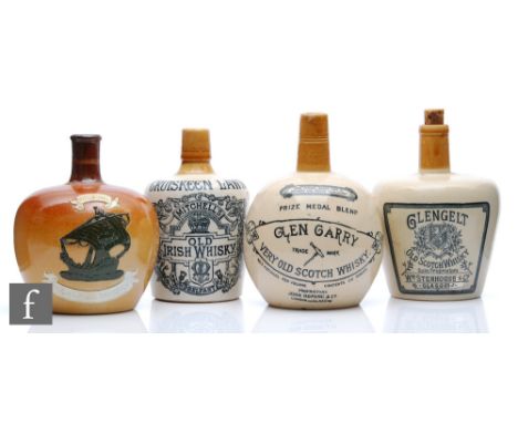 A Mitchell's Cruiskeen Lawn transfer printed whisky flask, a John Hopkins &amp; Co Glen Garry flask, a Glengelt flask by Wm S