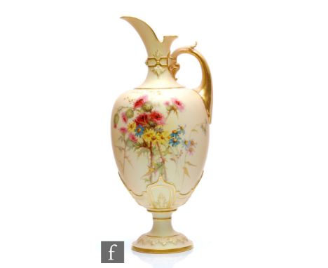 A large Royal Worcester blush ivory shape 1581 pedestal ewer decorated with spring flowers, puce mark with date code for 1895