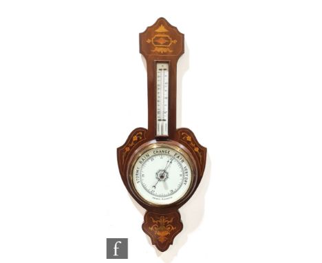 An Edwardian inlaid mahogany aneroid barometer, circular dial below a mounted thermometer, height 83cm, S/D. 