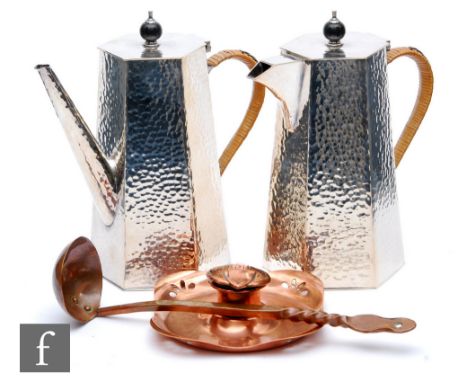 A 20th Century Arts &amp; Crafts silver plated coffee pot and hot water jug by Hukin and Heath, a small copper inkwell and a 