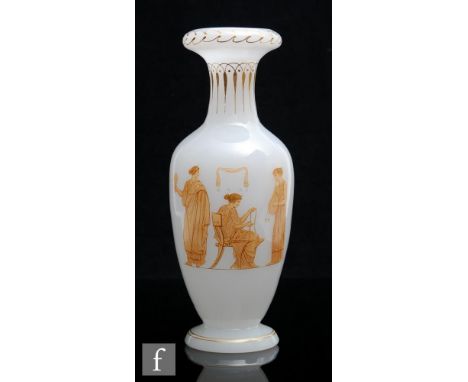 A 19th Century Richardsons vase of footed baluster form to a roll over rim with a vitrified enamelled scene of a Greek figure