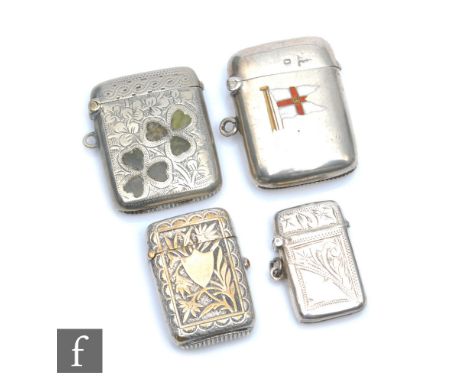 A hallmarked silver vesta case with enamelled flag to front and presentation engraving to reverse, Sheffield 1902, with a fur
