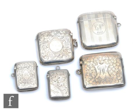 Five assorted hallmarked silver rectangular vesta cases to include foliate and engine turned examples, various dates and styl