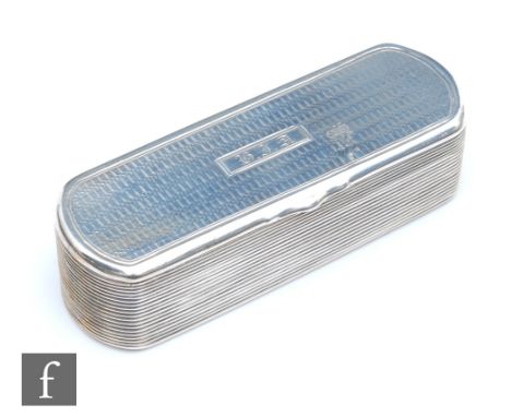 A William IV hallmarked silver cushioned rectangular snuff box with engine turned decoration to hinged lid above ribbed sides