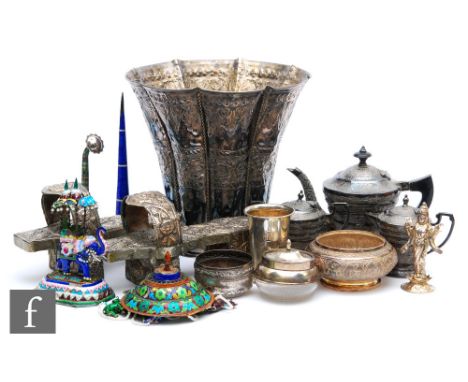 A parcel lot of assorted continental, Indian and South East Asian white metal items to include enamel decorated items, buckle