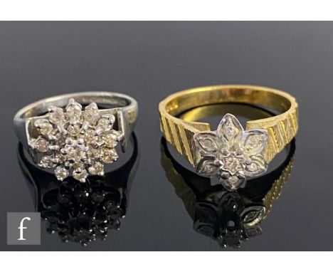 Two modern 18ct hallmarked diamond cluster rings, to include a white gold example, total weight 10g, ring sizes K and O. (2) 