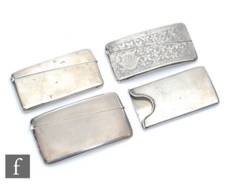 Three hallmarked silver rectangular clapperboard card cases, engine turned, foliate engraved and a plain example with a furth