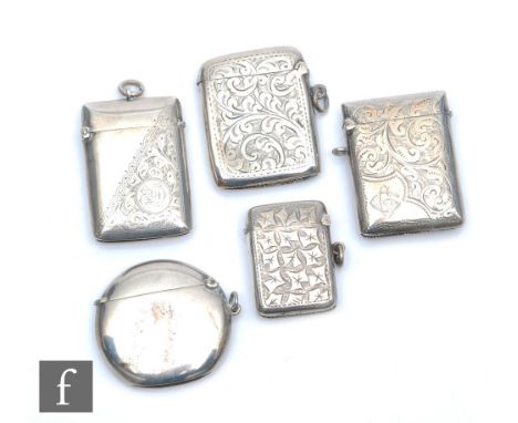 Five assorted hallmarked silver vesta cases to include circular and rectangular examples, various dates and styles. (5) 