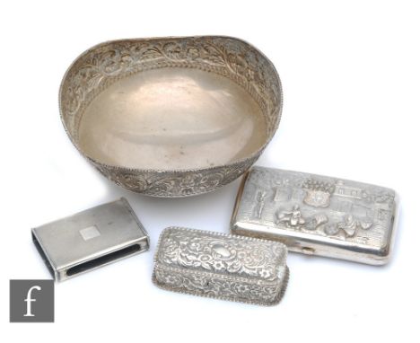 Two Indian white metal items, a bowl and a cigar case with two hallmarked silver items, total weight 16.5oz. (4) 